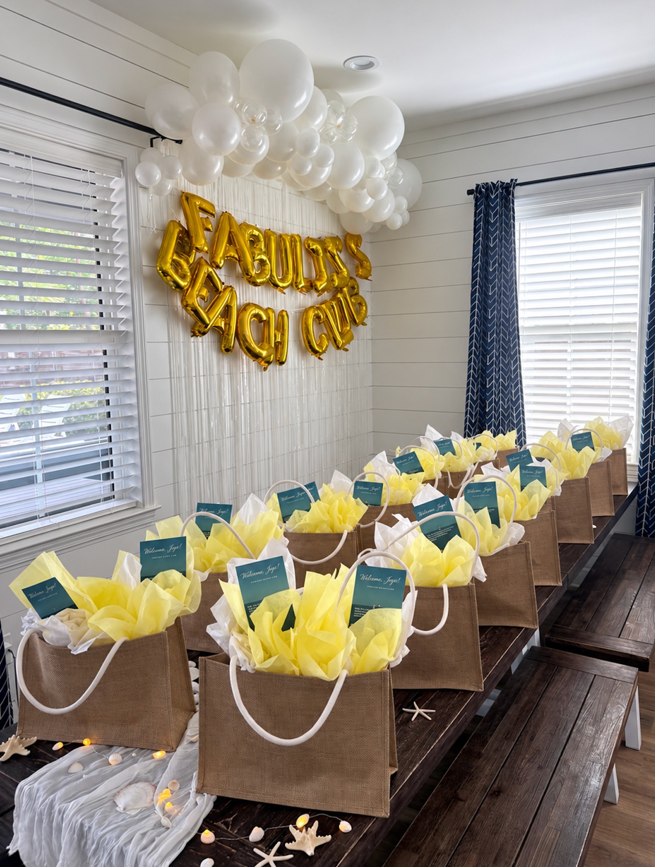 Welcome party with balloons and gift bags