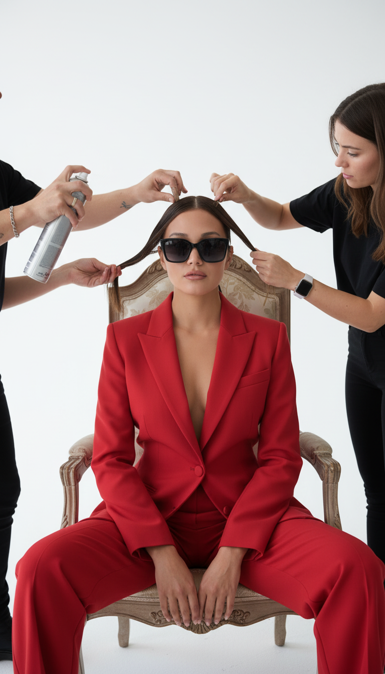 Woman in a red suit preparing for a styled event